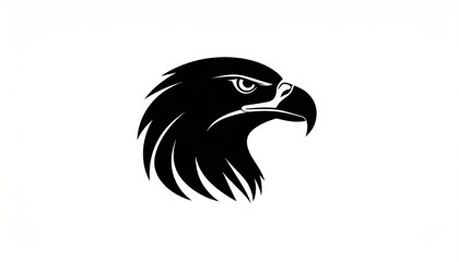 Obraz premium A stylized, black silhouette of an eagle's head in profile, facing right, with a sharp beak and focused gaze against a white background.