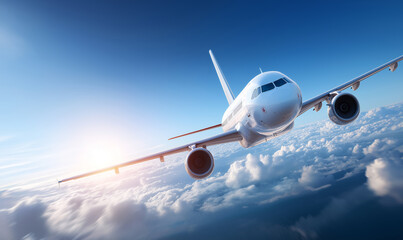 Fototapeta premium Passenger airplane flying in blue sky above clouds