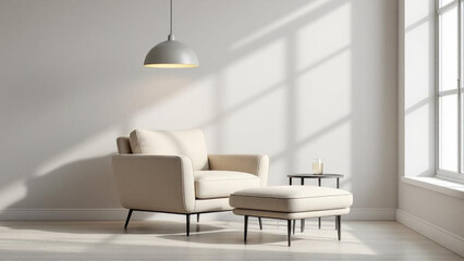 Fototapeta premium Modern Living Room with Beige Armchair and Hanging Lamp