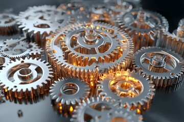 Close-up of a complex system of interlocking metal gears, symbolizing teamwork and process
