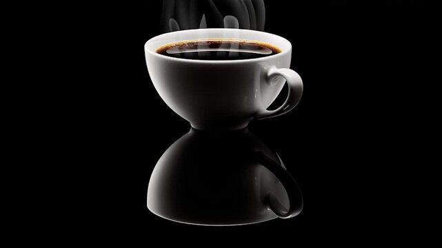 Floating cup of coffee on a black background, white ceramic hot coffee cup with steam float up from cup on dark background