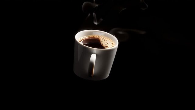 Floating cup of coffee on a black background, white ceramic hot coffee cup with steam float up from cup on dark background