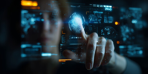 a person interacting with a holographic interface, biometric scans, futuristic UI elements, digital overlays