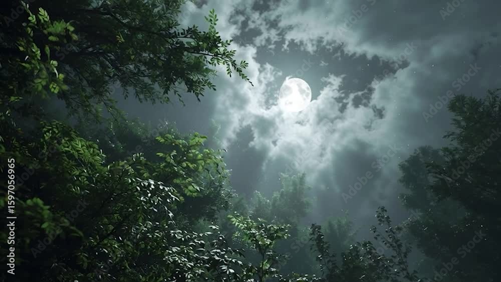 Canvas Prints full moon through clouds in a lush forest