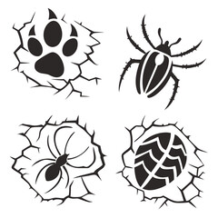 Black animal paw print spider web and insect icons vector