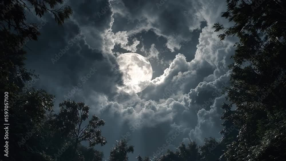 Wall mural full moon through clouds in a lush forest