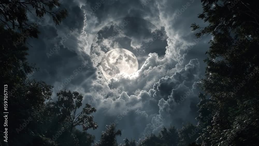 Canvas Prints full moon through clouds in a lush forest