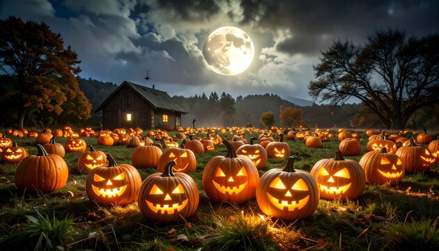 Halloween pumpkin field at night. Spooky, lit pumpkins surround rustic cabin under a full moon