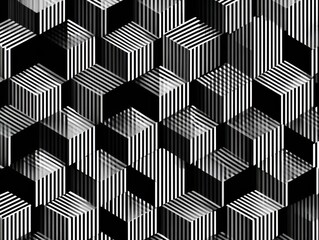 Geometric Cubes Abstract black and white pattern with intricate line details, create an optical illusion.