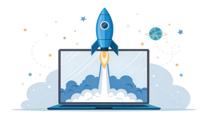 Rocket launch from laptop isolated on transparent background