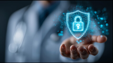 Doctor holding digital shield icon representing data protection in healthcare