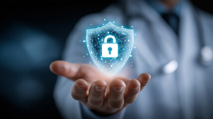 Doctor holding digital shield icon representing data protection in healthcare