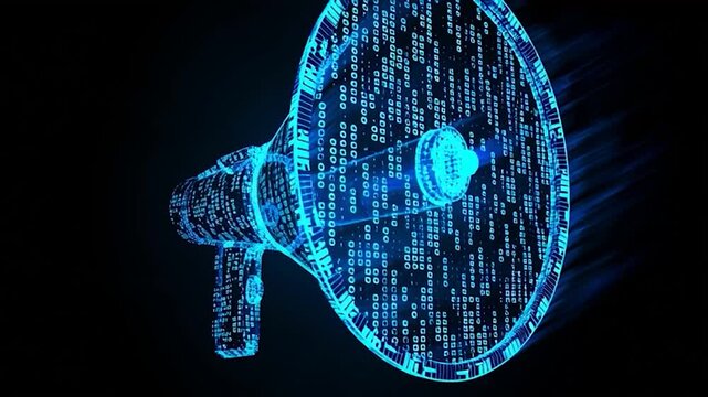 Glowing neon megaphone against a black background advertising and promotion concept