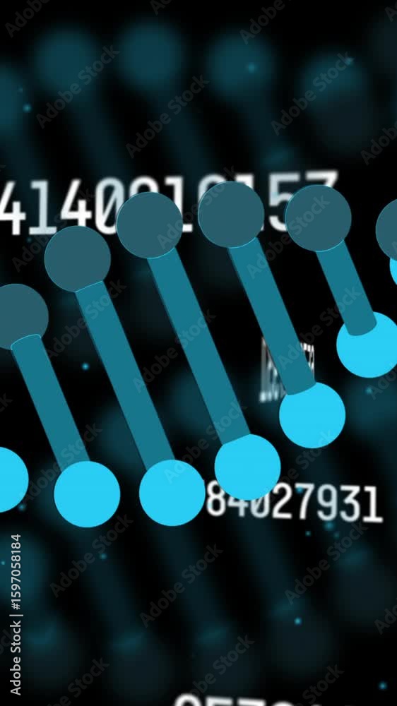 Poster processing scientific data, dna strand intertwining with binary coding in animation