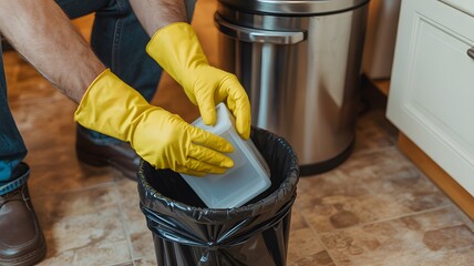A person wearing yellow gloves putting paper into a trash can