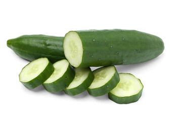 Japanese cucumber cut into fresh, juicy pieces. isolated on white background.