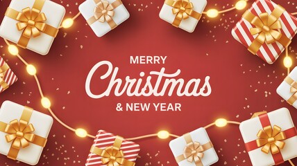A red box with a bow and a string of lights