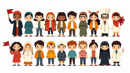 Cartoon children wearing diverse outfits arranged in two rows