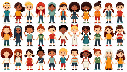 Diverse children avatars fullbody various ethnicities and outfits