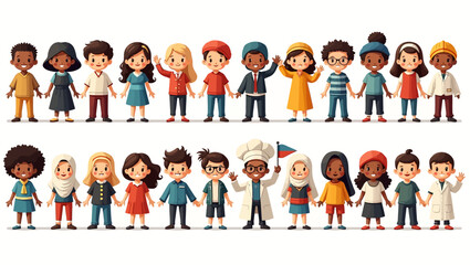 Diverse group of cartoon children holding hands wearing varied outfits arranged in two rows on a white background