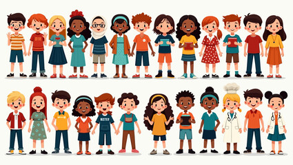 Illustration depicts diverse children in vibrant attire posing in two neat rows