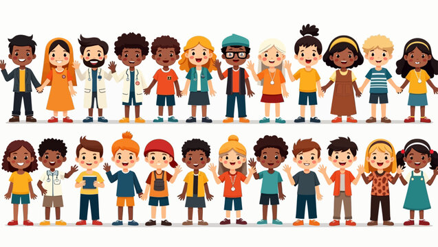 Cartoonstyle illustration with two rows of diverse children holding hands and waving - Powered by Adobe
