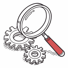 Magnifying glass examining gears inspection analysis
