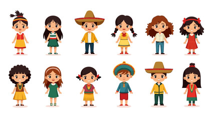 Twelve cartoon children in traditional attire varied poses expressions and clothing