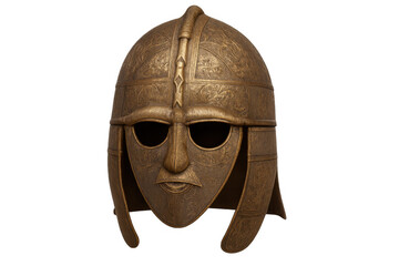 Detailed sutton hoo helmet replica displaying intricate anglo-saxon metalworking craftsmanship, resting against transparent background