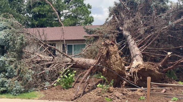 A home in Centennial Colorado is destroyed by a tree being blown over in strong winds. Summer 2025.