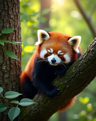 Naklejka premium Dreaming in the Forest: A Gentle Red Panda Slumber,A peaceful red panda takes a nap on a mossy tree branch, bathed in sunlight