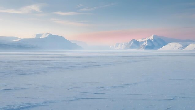 A serene view of a vast, snow-covered plain leading to majestic, snow-capped mountains under a pastel sky.