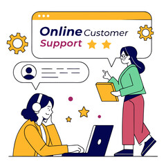 People communicating online customer support with laptops and headphones online support