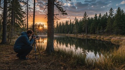 Photographer Captures Sunset Reflection Over River in Forest Landscape