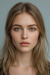 Portrait of a beautiful young woman with blond hair and flawless skin.