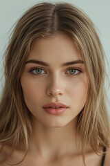 Portrait of a beautiful young woman with blue eyes and blonde hair.
