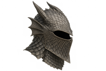 3d rendering of a meticulously crafted dragon helmet, blending medieval aesthetics with fantastical elements, set against a transparent background