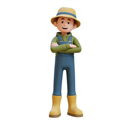 3D young farmer character standing confident with arms crossed