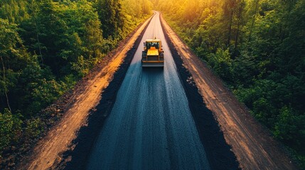 Fototapeta premium aerial view of a road roller compacting asphalt on a scenic highway winding through a forest at sunset showcasing road construction and environmental harmony in transportation infrastructure