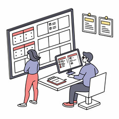 People working at dual monitors and task board work from home office