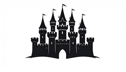 Obraz premium Majestic black silhouette of a fairytale castle, detailed turrets, and a grand arched entrance.