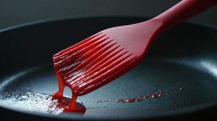 Red Silicone Basting Brush Coating a Frying Pan with Sauce