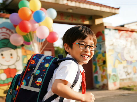 A joyful Asian schoolboy, wearing glasses and a space-themed backpack, smiles widely while looking back. Colorful balloons and a vibrant mural create a cheerful background.
 - Powered by Adobe