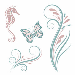 Seahorse butterfly and floral swirls in pastel tones decorative