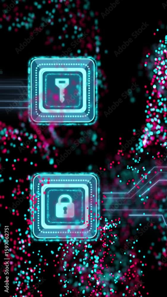 Poster digital security icons and data flow with colorful particles on black background
