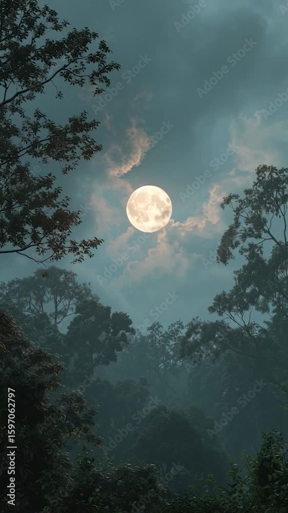 Canvas Prints vertical video full moon through clouds in a lush forest