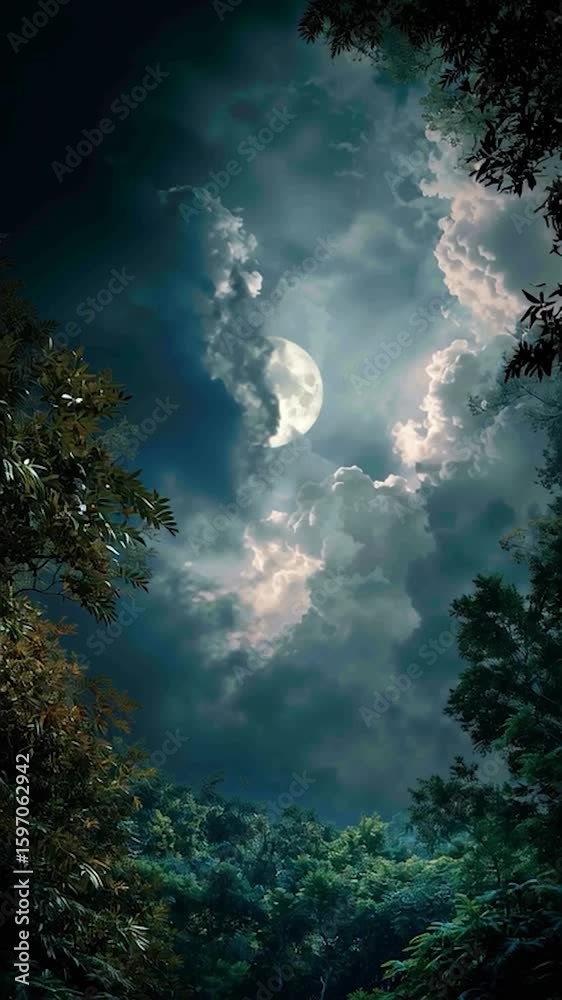 Wall mural vertical video full moon through clouds in a lush forest