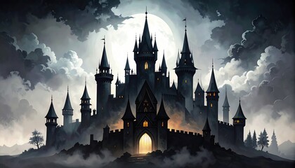 Fototapeta premium A gothic castle silhouette stands against a dramatic night sky, illuminated by a full moon.