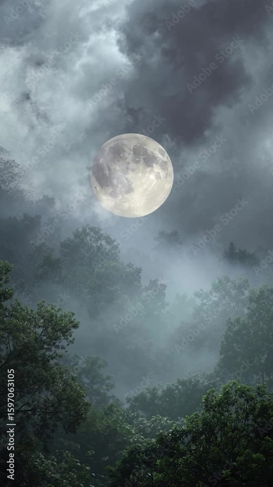 Wall mural vertical video full moon through clouds in a lush forest
