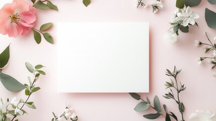 Blank white wedding invitation card with fresh spring floral patterns